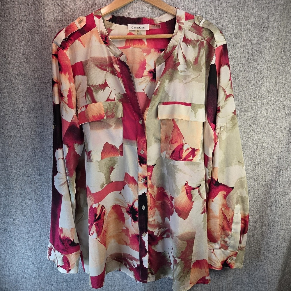 Calvin Klein Boho Womens Floral Roll Tab Sleeves V Neck Button Blouse Women's 2X